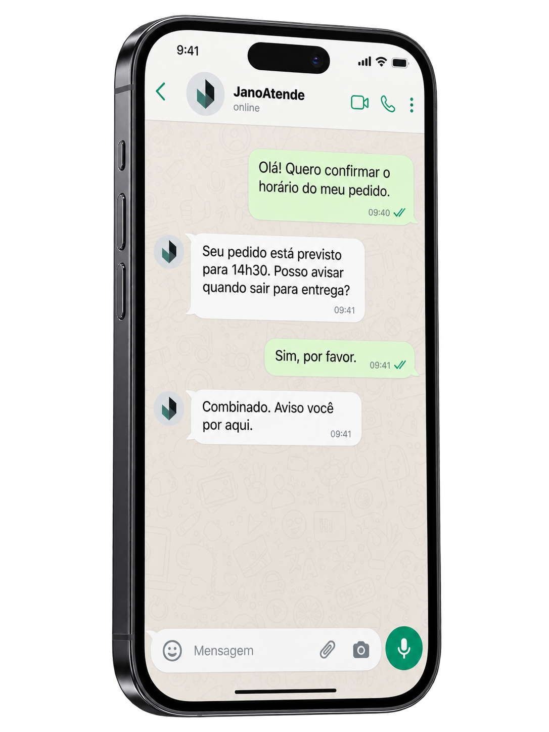 Celular com conversa do JanoAtende confirmando um pedido